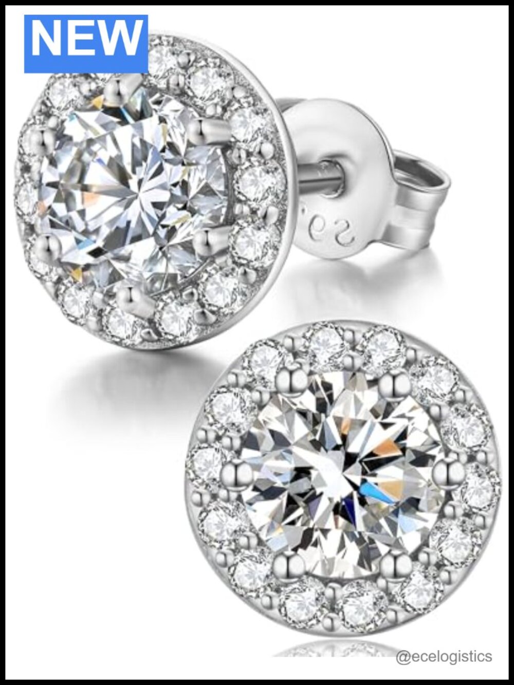 925 Sterling Silver Halo Stud Earrings Cubic Zirconia Prong Push Back